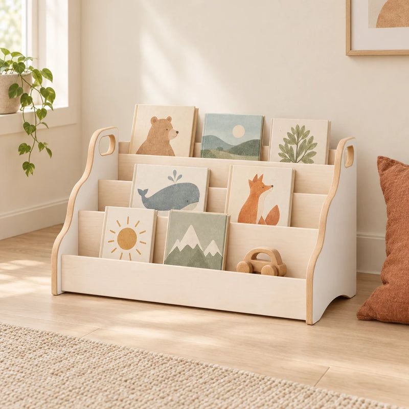 Bibliothèque bébé : petite, en escalier, bois et blanc