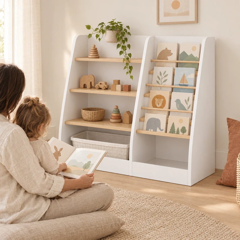 Bibliothèque enfant en bois : rangement livres et jouets