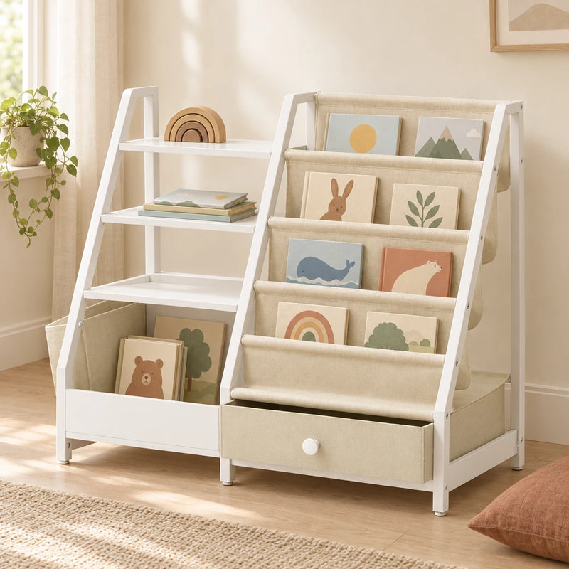 Bibliothèque enfant multi-rangement : poche en tissu et tiroir