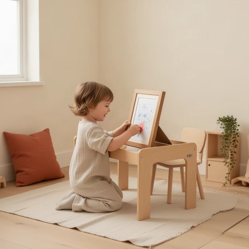 Cadre à Dessins Montessori en Bois : enfant qui joue seul dans sa chambre