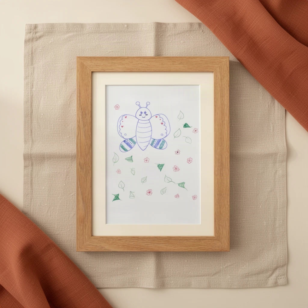 Cadre à Dessins Montessori en Bois vu de dessus, posé sur du lin