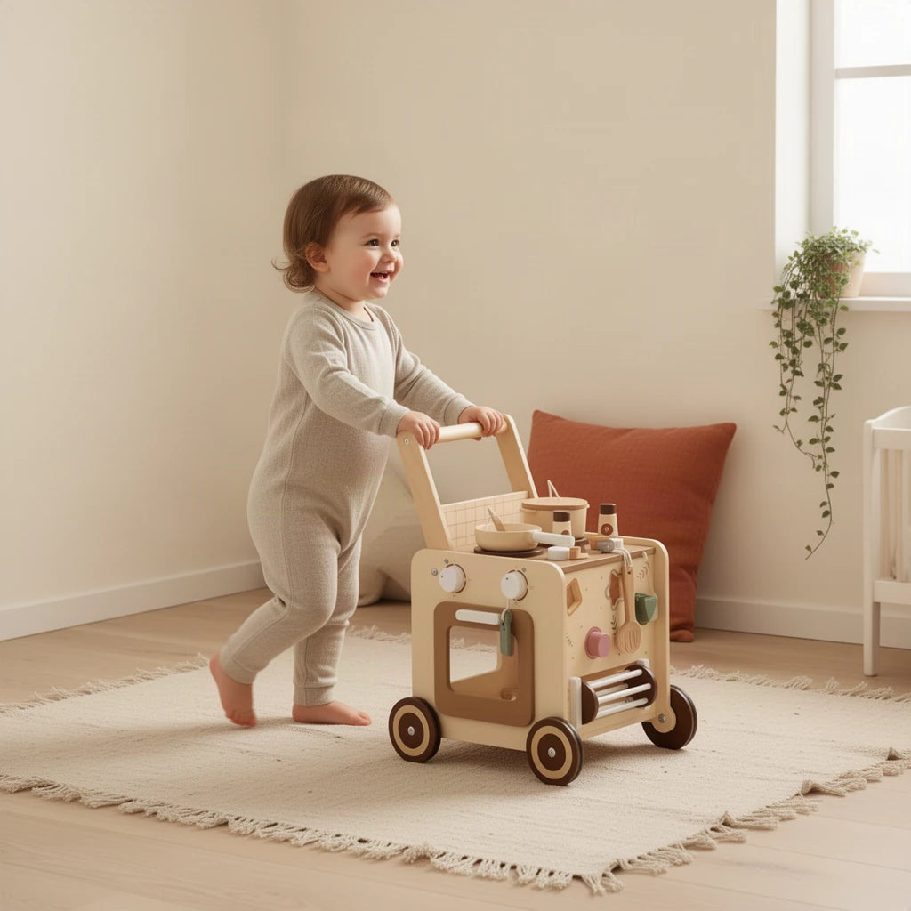 Chariot de Cuisine Montessori : enfant qui joue seul dans sa chambre