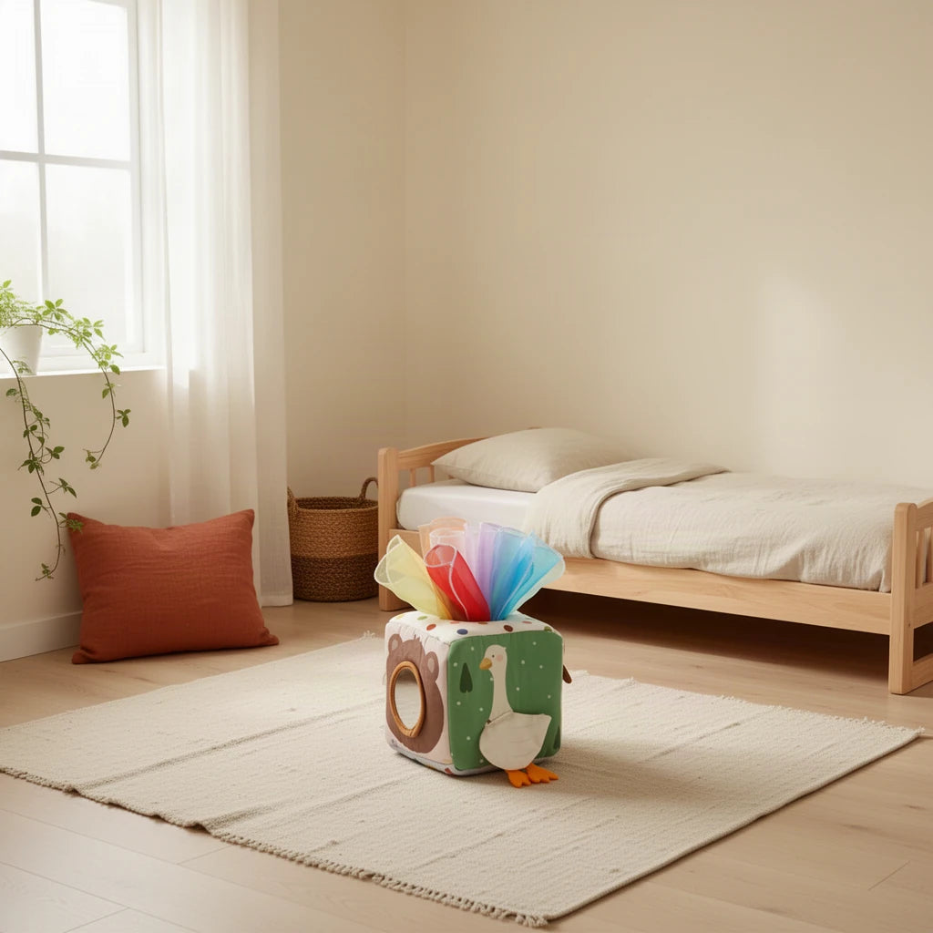 Cube d'activités bébé avec foulards et miroir dans une chambre Montessori, vue d’ensemble