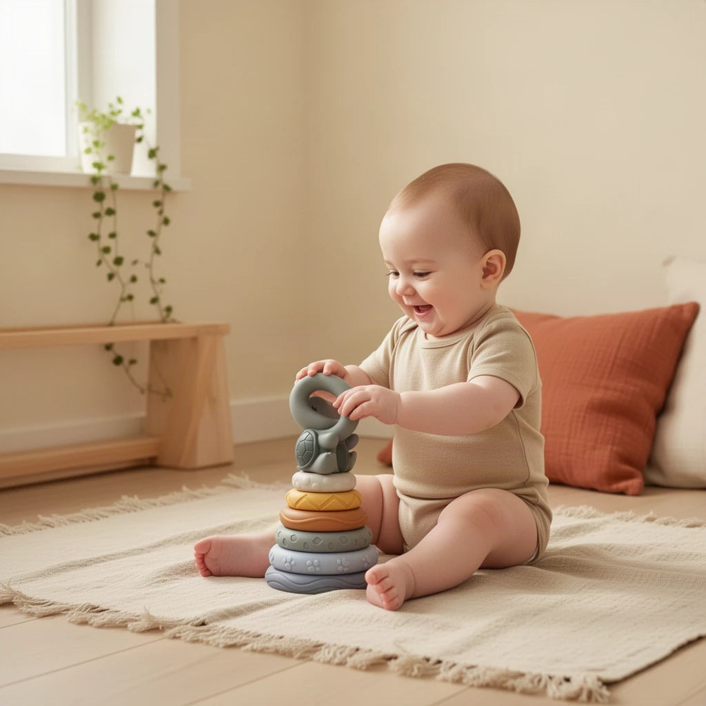 Empileur Montessori Petite Tortue : enfant qui joue seul dans sa chambre