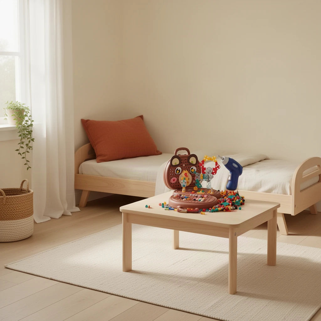 Ensemble de perçage Montessori pour mosaïques dans une chambre Montessori, vue d’ensemble