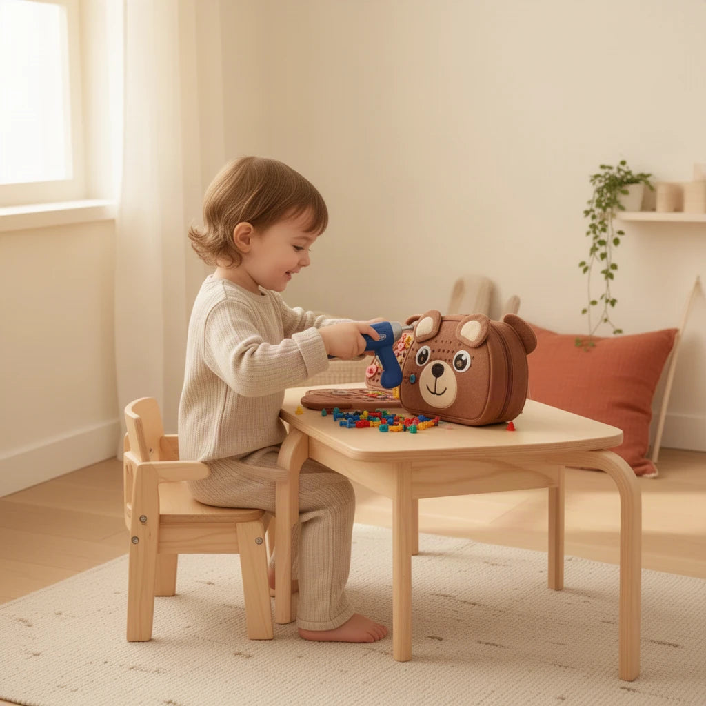 Ensemble de perçage Montessori pour mosaïques : enfant qui joue seul dans sa chambre