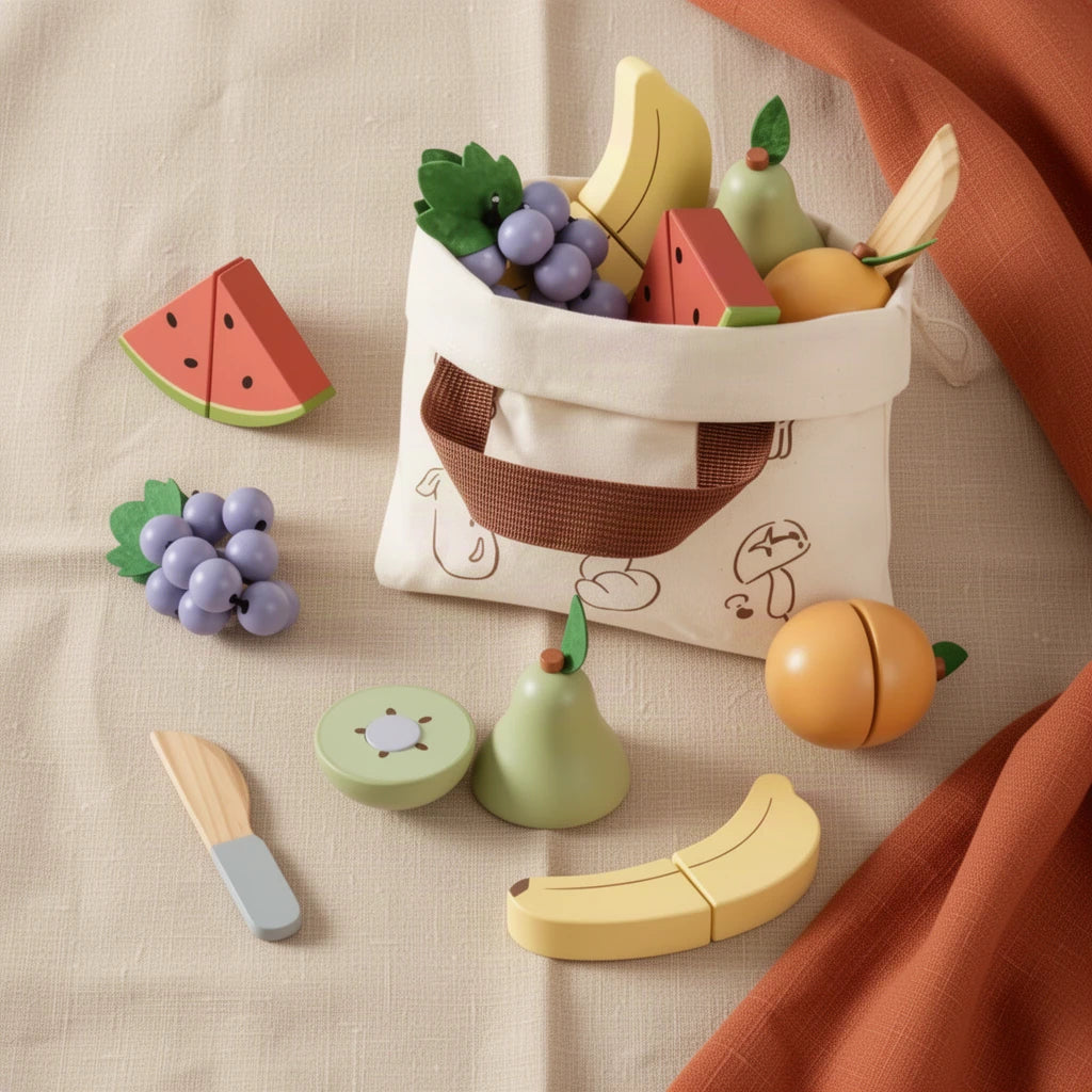 Fruits à Découper Montessori vu de dessus, posé sur du lin