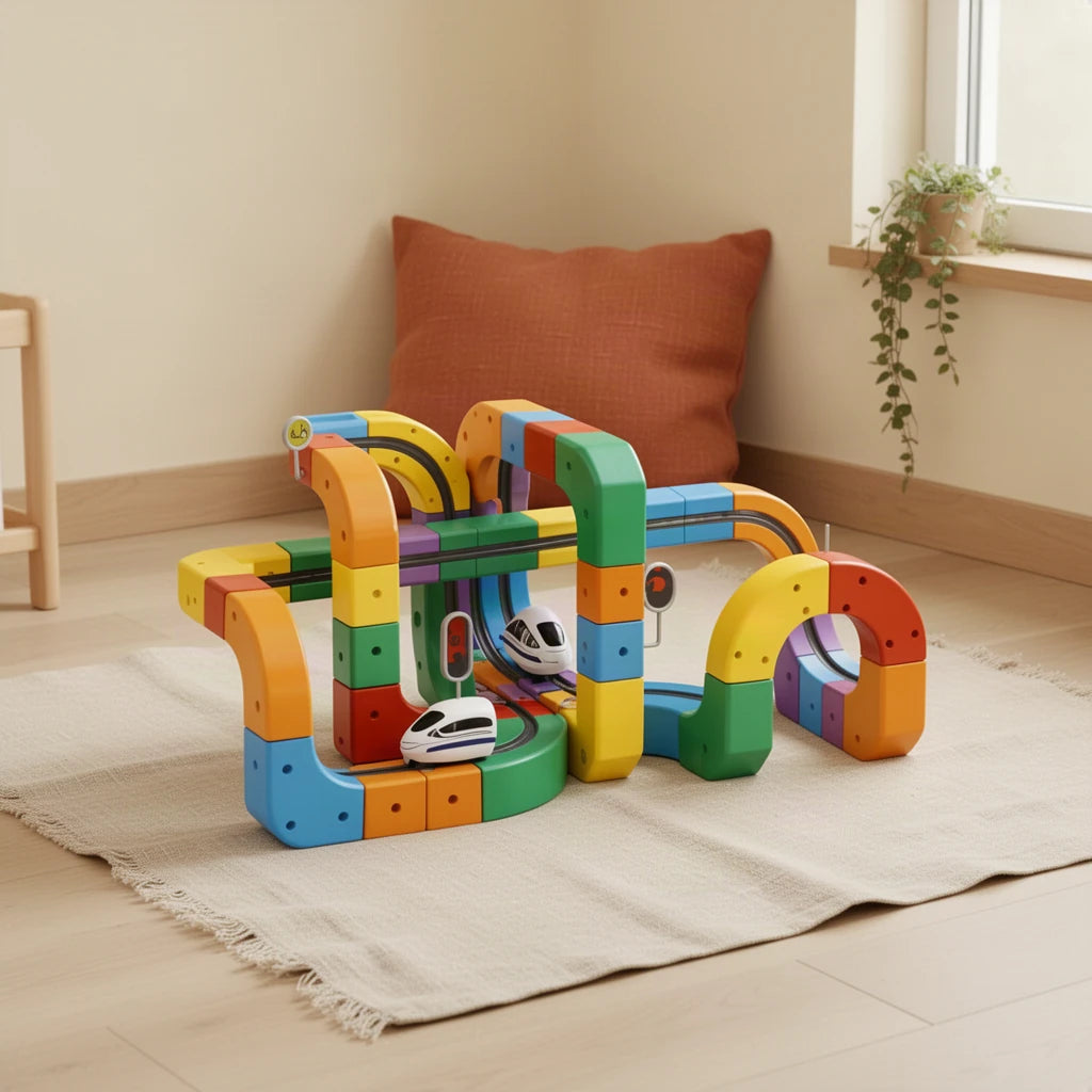 Itinéraire de train avec cubes STEM Montessori dans une chambre d’enfant Montessori