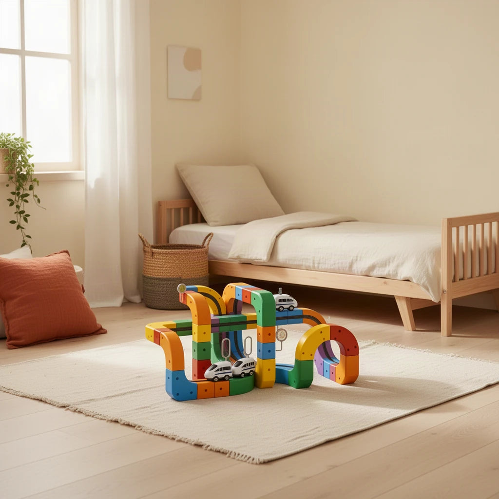 Itinéraire de train avec cubes STEM Montessori dans une chambre Montessori, vue d’ensemble
