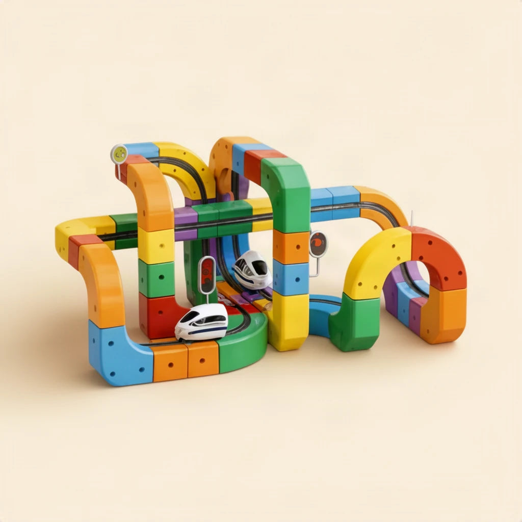 Itinéraire de train avec cubes STEM Montessori sur fond clair