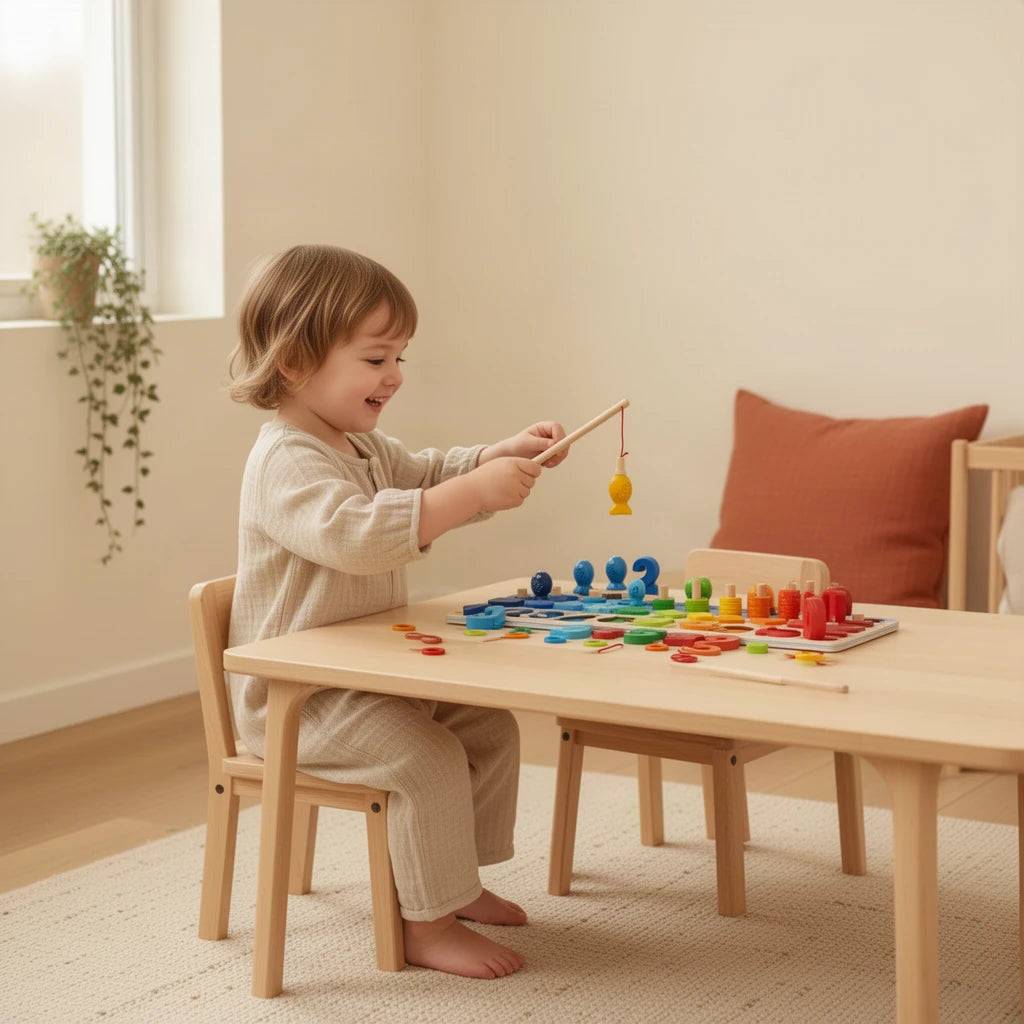 Jeu de Pêche et Formes Montessori dès 2 ans : enfant qui joue seul dans sa chambre