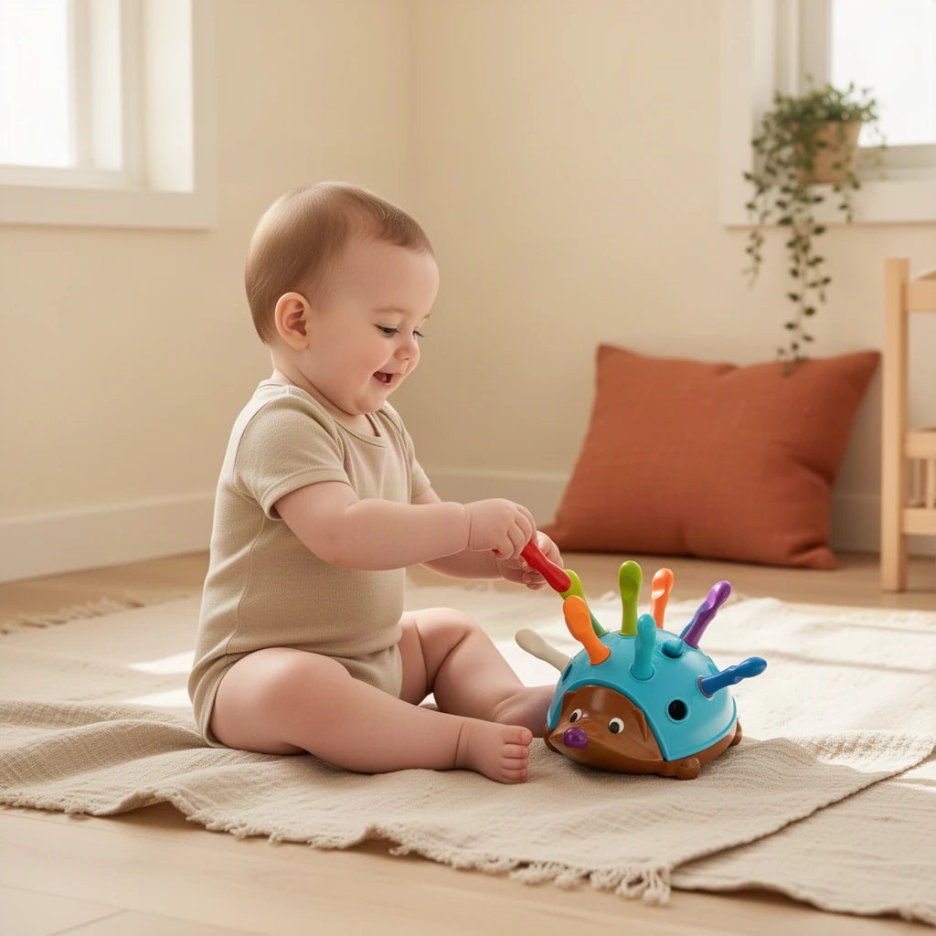Jeu Motricité Fine Bébé Hérisson à Piques Colorés Montessori dès 7 mois : enfant qui joue seul dans sa chambre