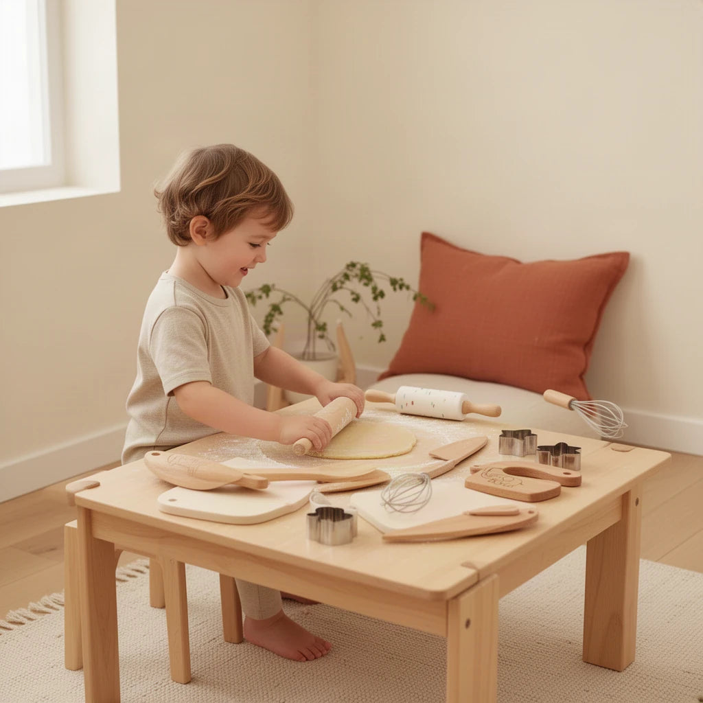 Kit de Cuisine Montessori : enfant qui joue seul dans sa chambre