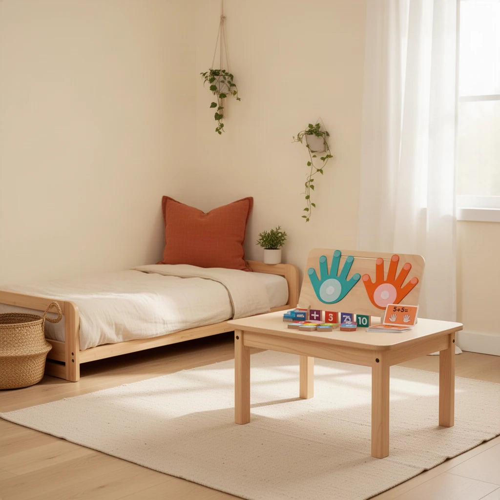 Mathématiques Montessori High Five dans une chambre Montessori, vue d’ensemble