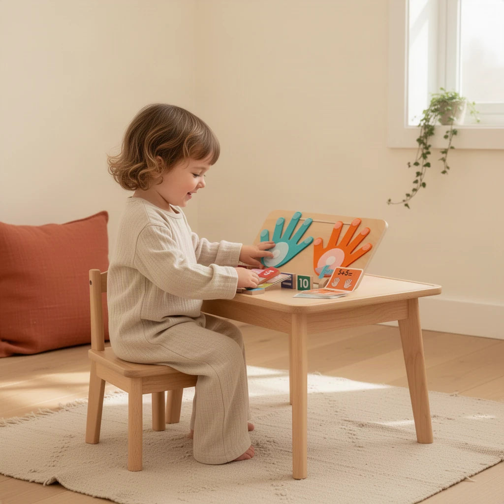 Mathématiques Montessori High Five : enfant qui joue seul dans sa chambre