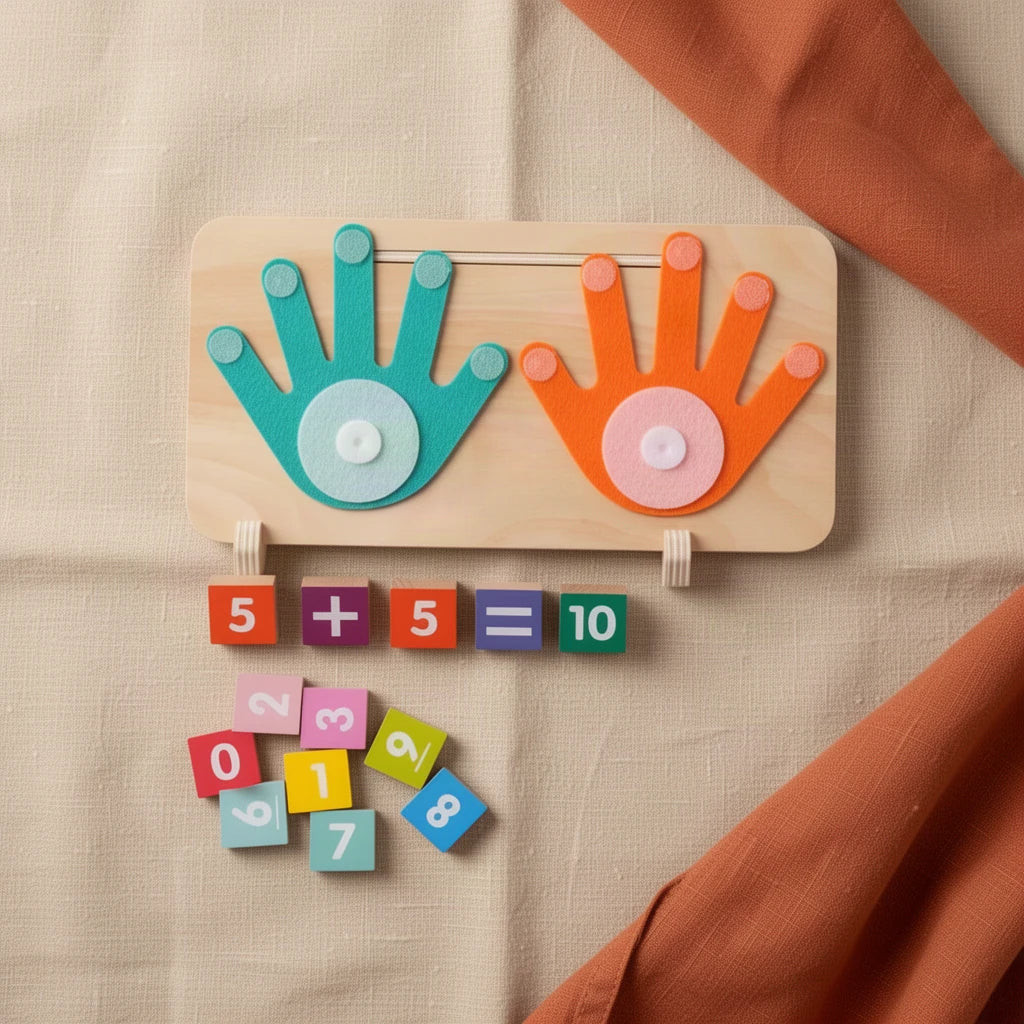 Mathématiques Montessori High Five vu de dessus, posé sur du lin