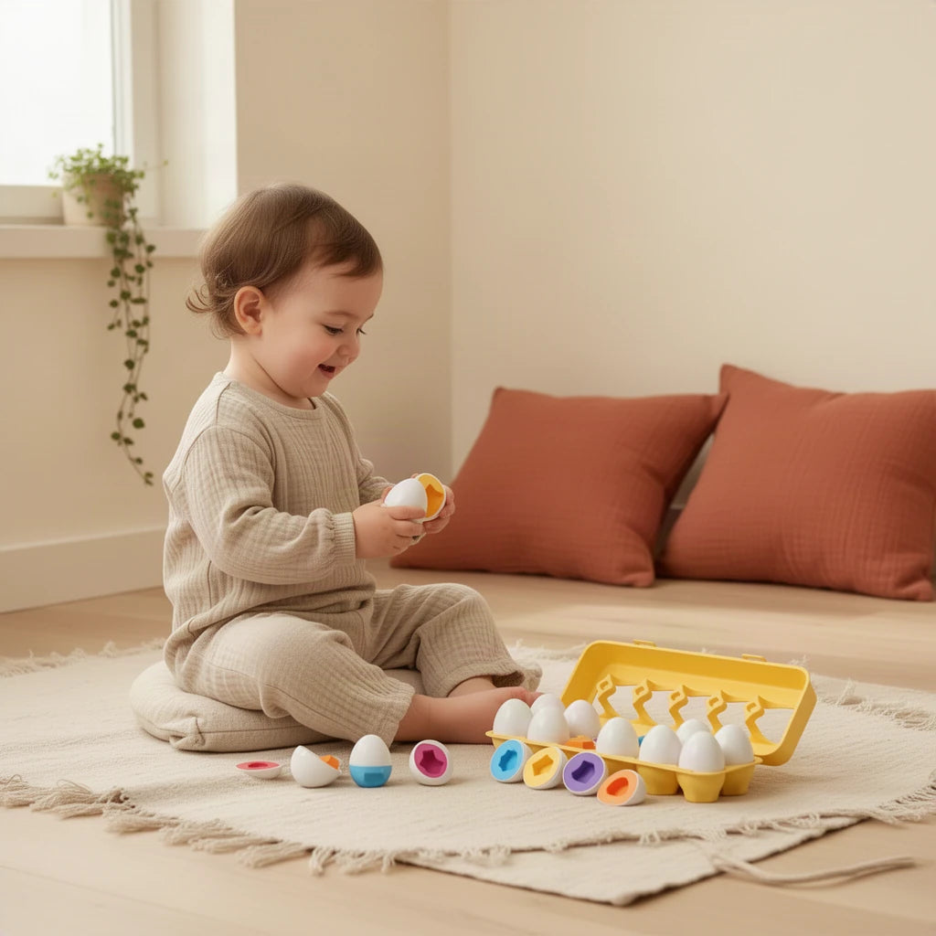 Œufs géométriques Montessori : enfant qui joue seul dans sa chambre