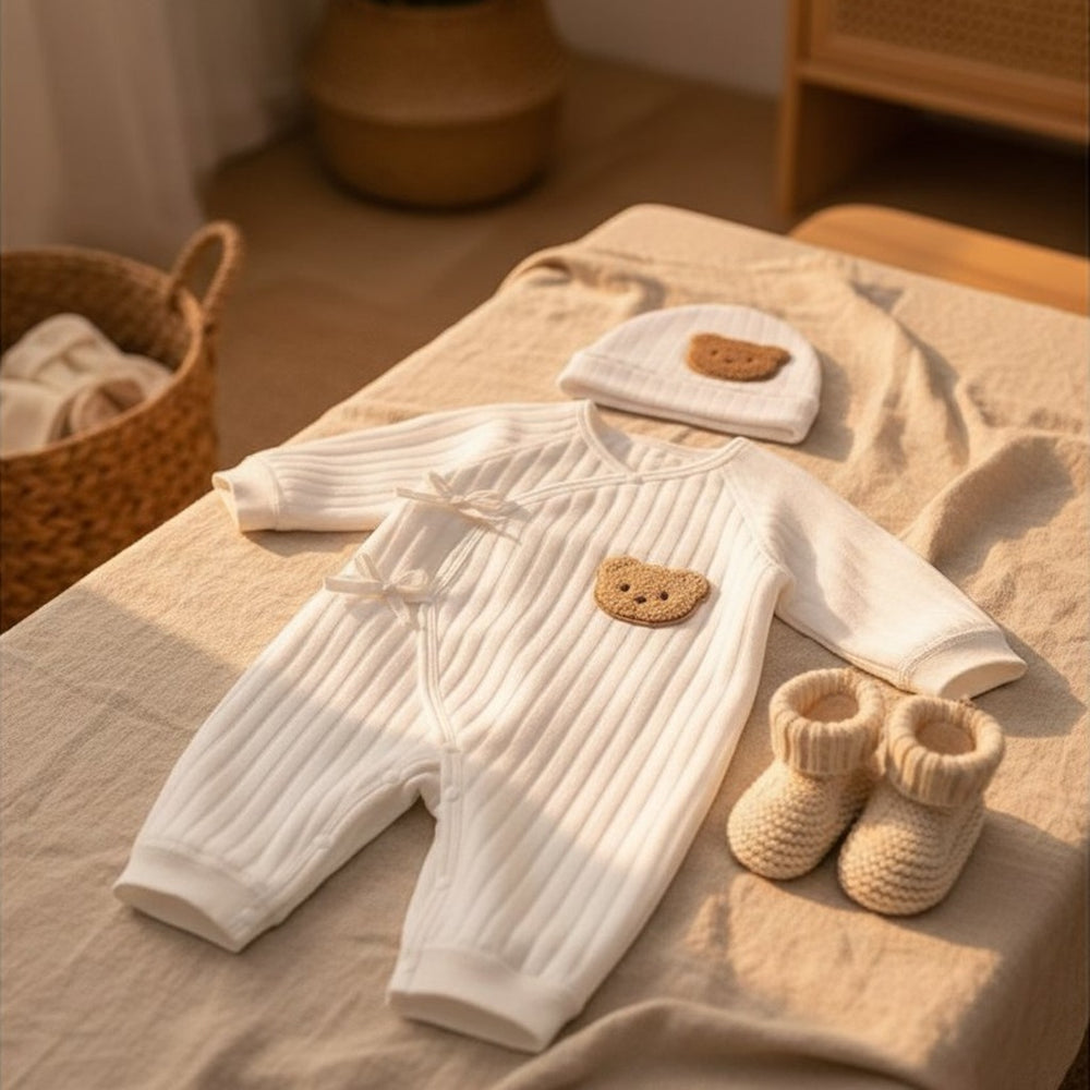 Combinaison Bébé Coton Ourson avec Bonnet, coloris blanc, posée à plat sur un lit en lin