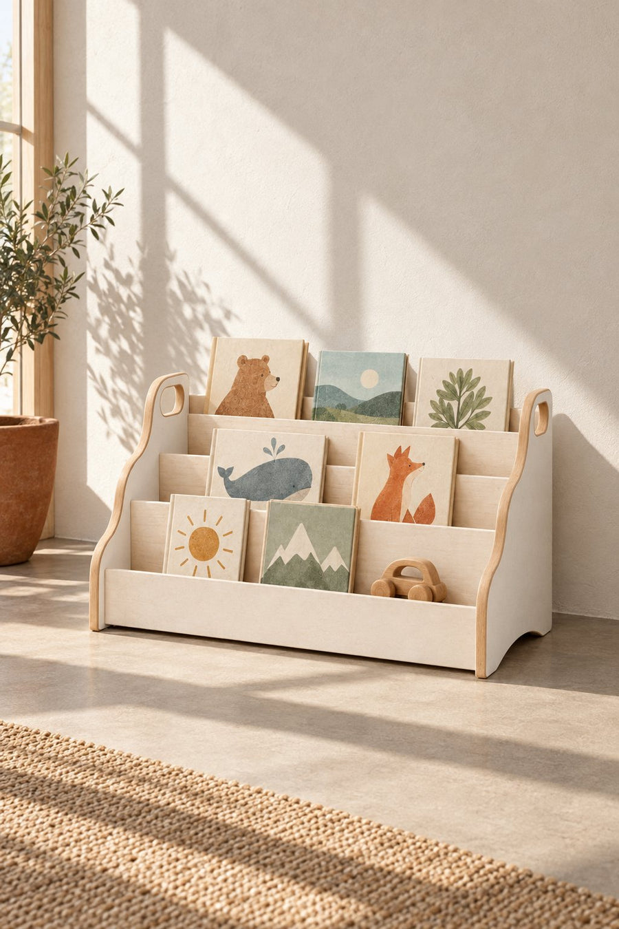 Bibliothèque enfant en bois avec livres de face