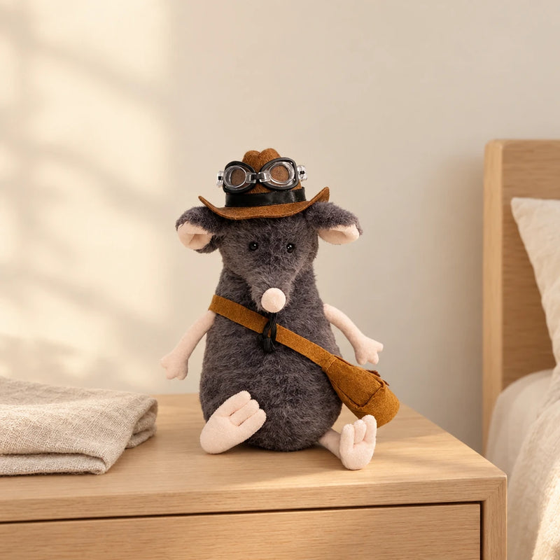 Peluche souris grise exploratrice