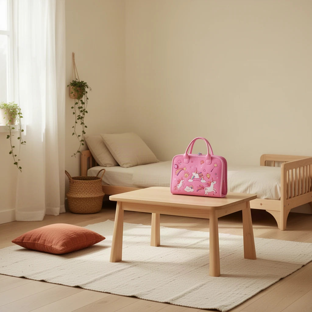 Sac d'activités interactif Montessori dans une chambre Montessori, vue d’ensemble