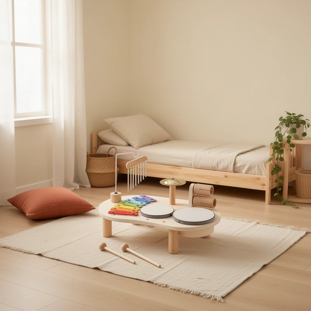 Table musicale enfant 6 instruments bois massif dans une chambre Montessori, vue d’ensemble