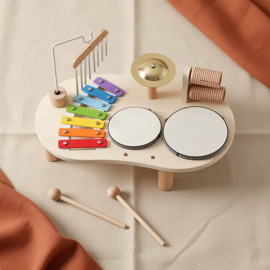 Table musicale enfant 6 instruments bois massif vu de dessus, posé sur du lin