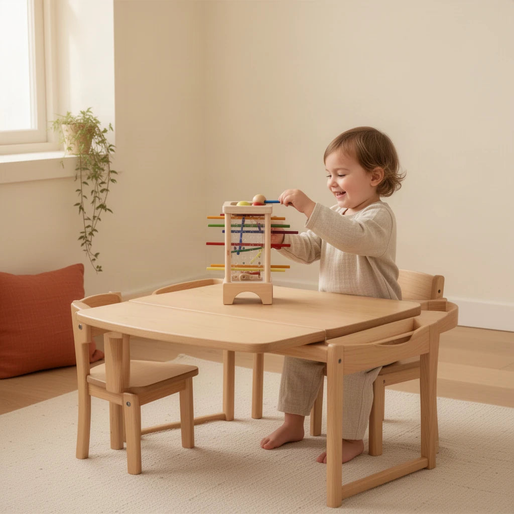 Tour à Billes et Bâtonnets Colorés Montessori : enfant qui joue seul dans sa chambre
