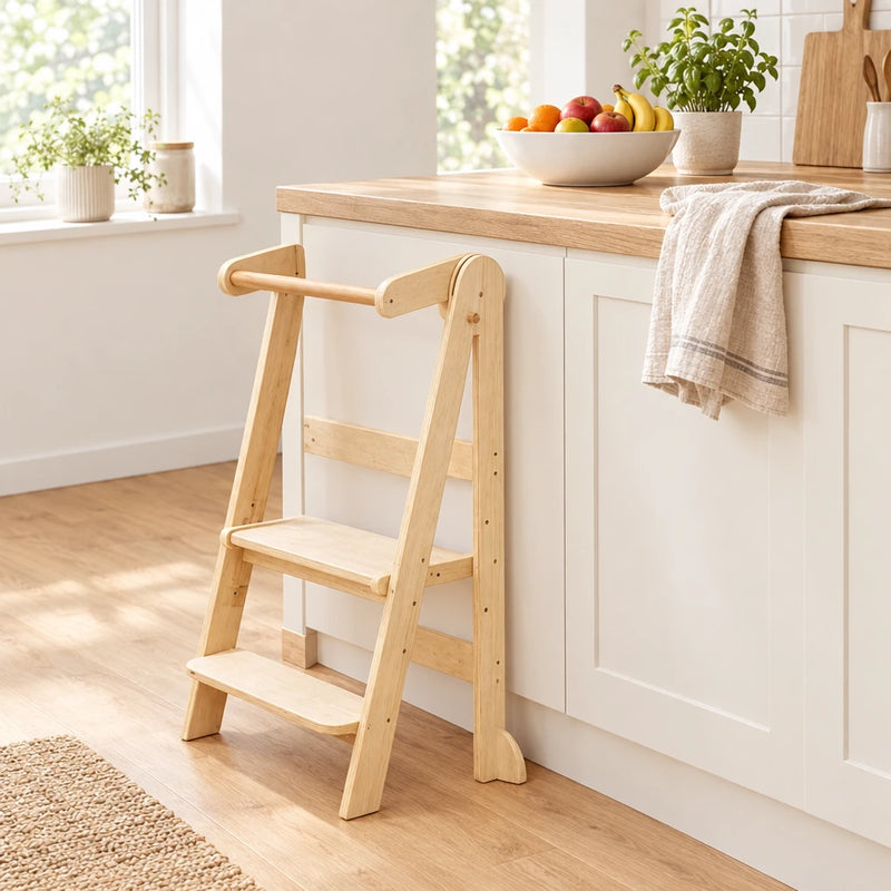 Tour montessori pliable : bois clair, 2 hauteurs