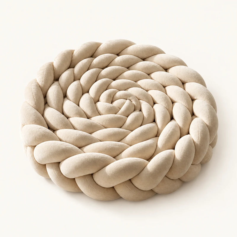 Tresse de lit 3 brins beige enroulée, sur fond clair