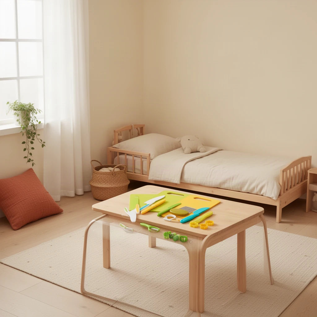 Ustensiles de Cuisine Montessori Enfant dès 3 ans dans une chambre Montessori, vue d’ensemble