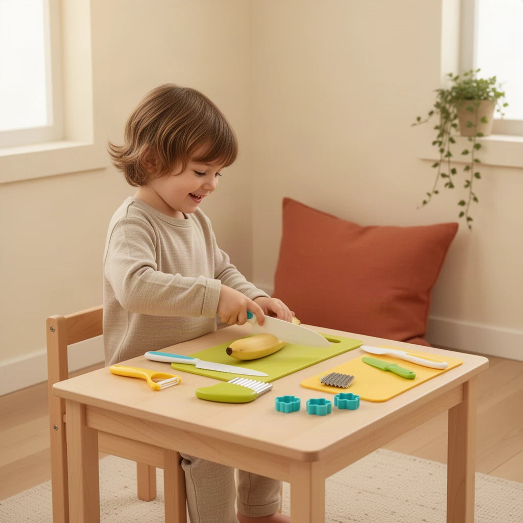 Ustensiles de Cuisine Montessori Enfant dès 3 ans : enfant qui joue seul dans sa chambre