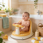 Transat de bain bébé sécurisé maintien stable en situation dans la salle de bain, ambiance cosy