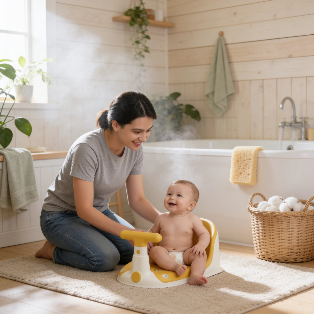 Transat de bain bébé enveloppant maintien total en situation dans la salle de bain, ambiance cosy