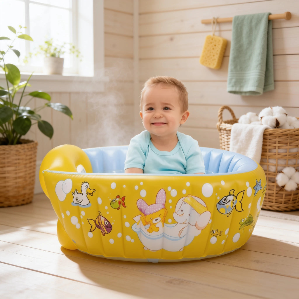 Baignoire bébé gonflable à vidange Petit Océan en situation dans la salle de bain, ambiance cosy
