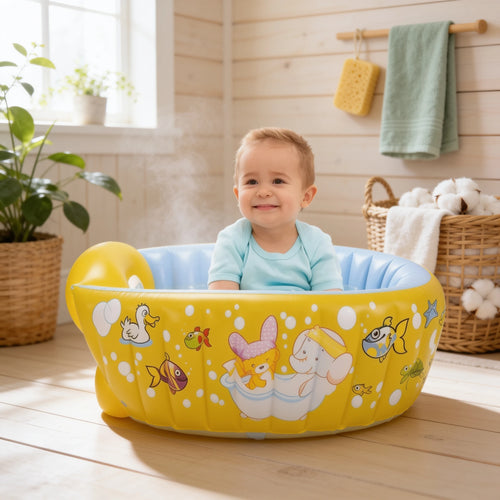 Baignoire bébé gonflable à vidange Petit Océan en situation dans la salle de bain, ambiance cosy