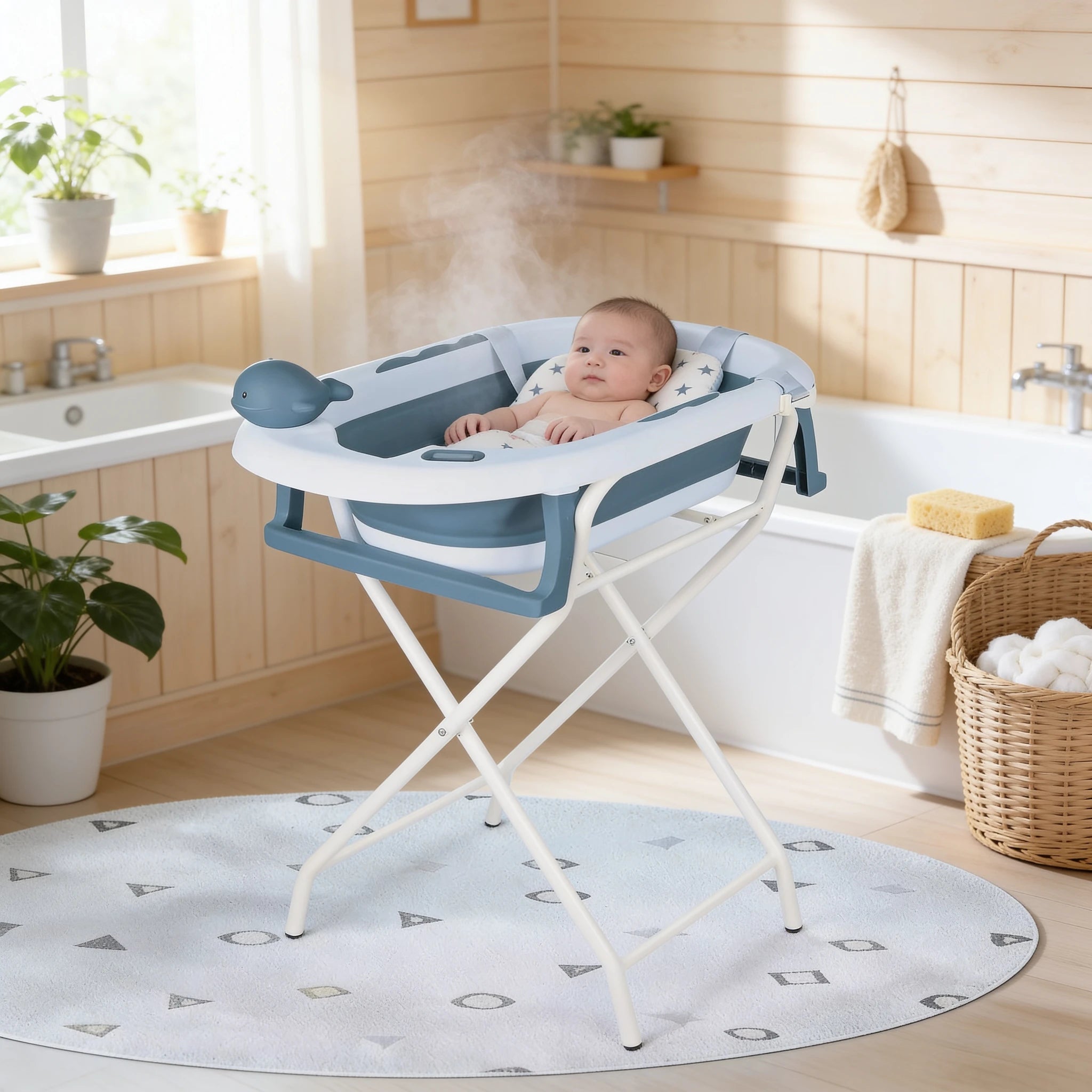 Baignoire bébé sur pied pliable avec thermomètre en situation dans la salle de bain, ambiance cosy