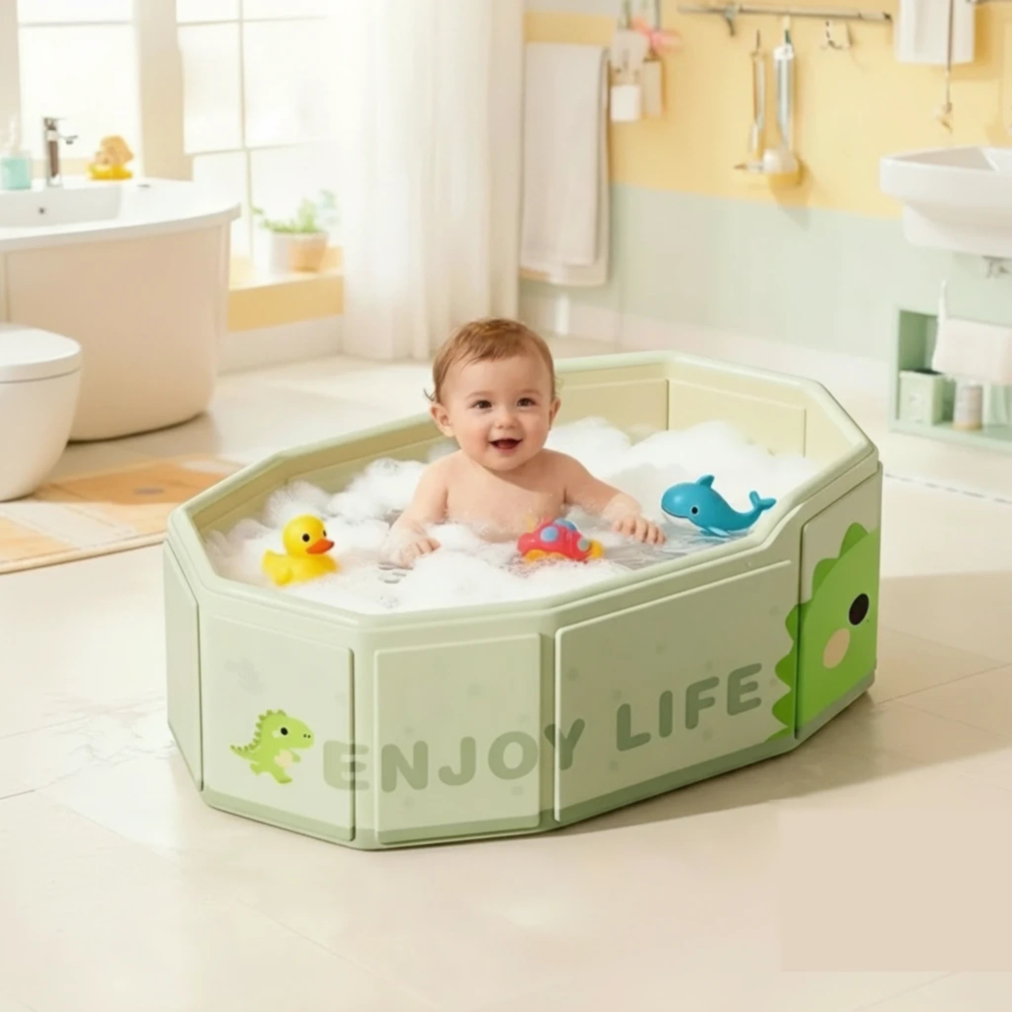 Grande baignoire bébé pliable XXL en situation dans la salle de bain, ambiance cosy
