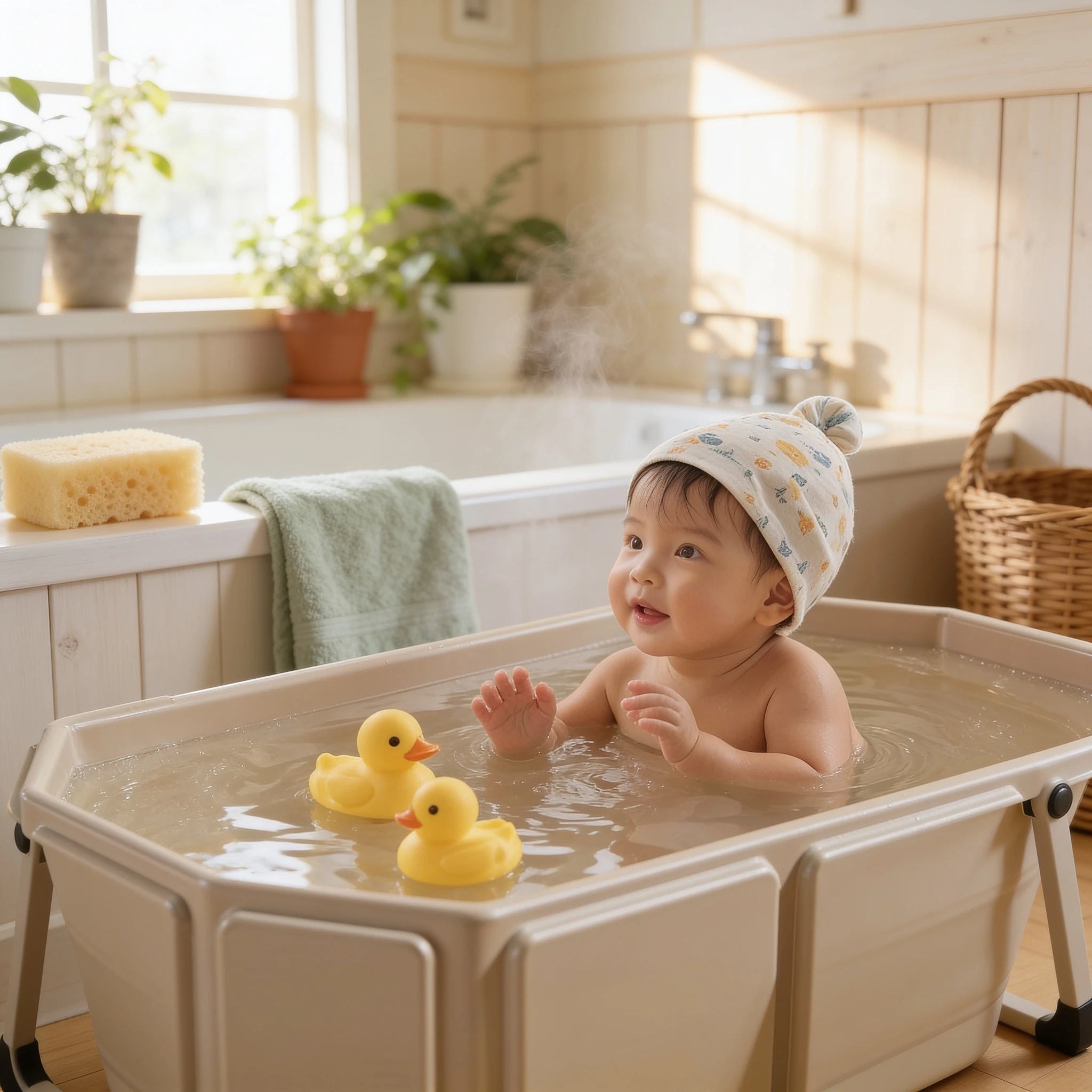 Baignoire bébé pliable extra grande Océan en situation dans la salle de bain, ambiance cosy