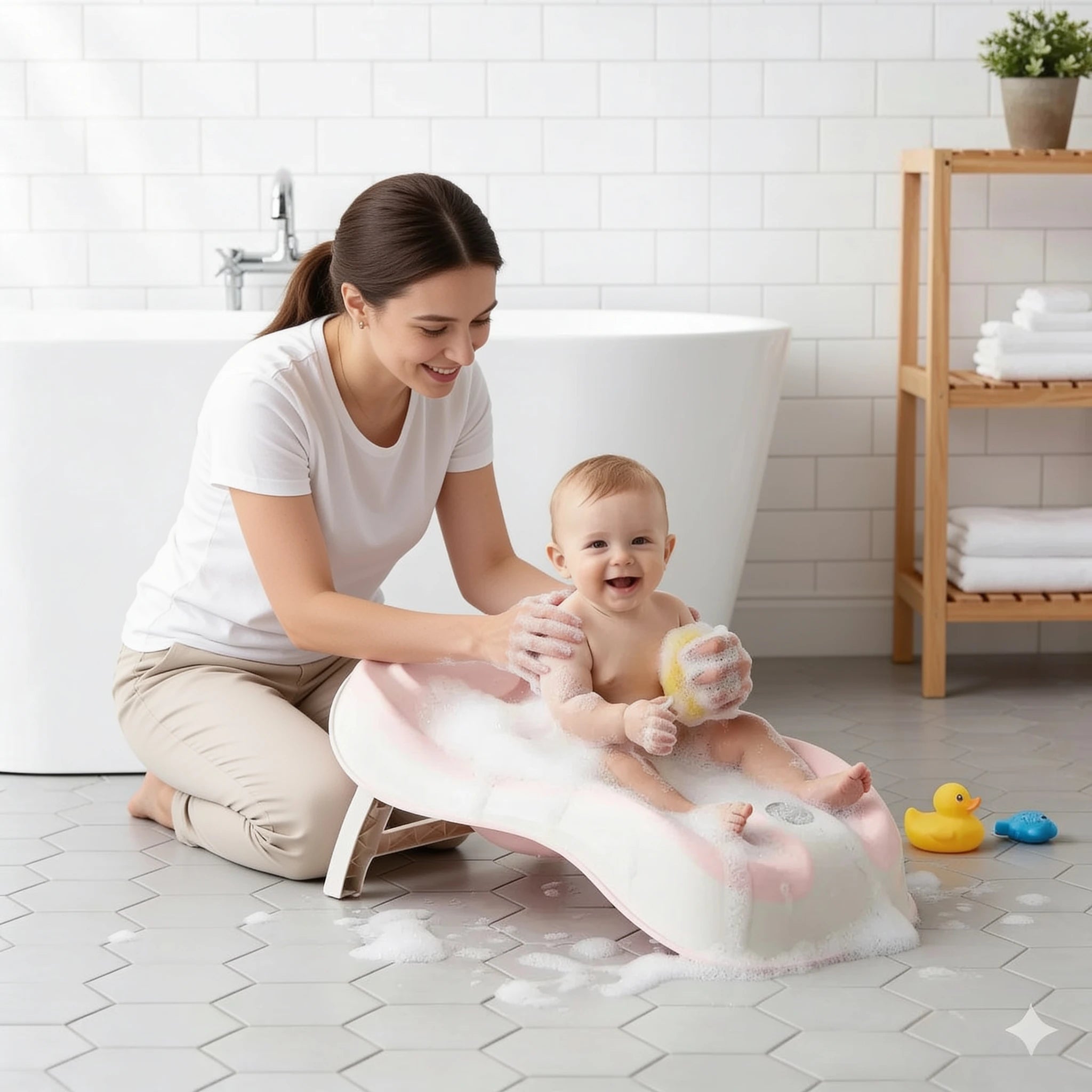 Transat de bain bébé compact avec thermomètre en situation dans la salle de bain, ambiance cosy