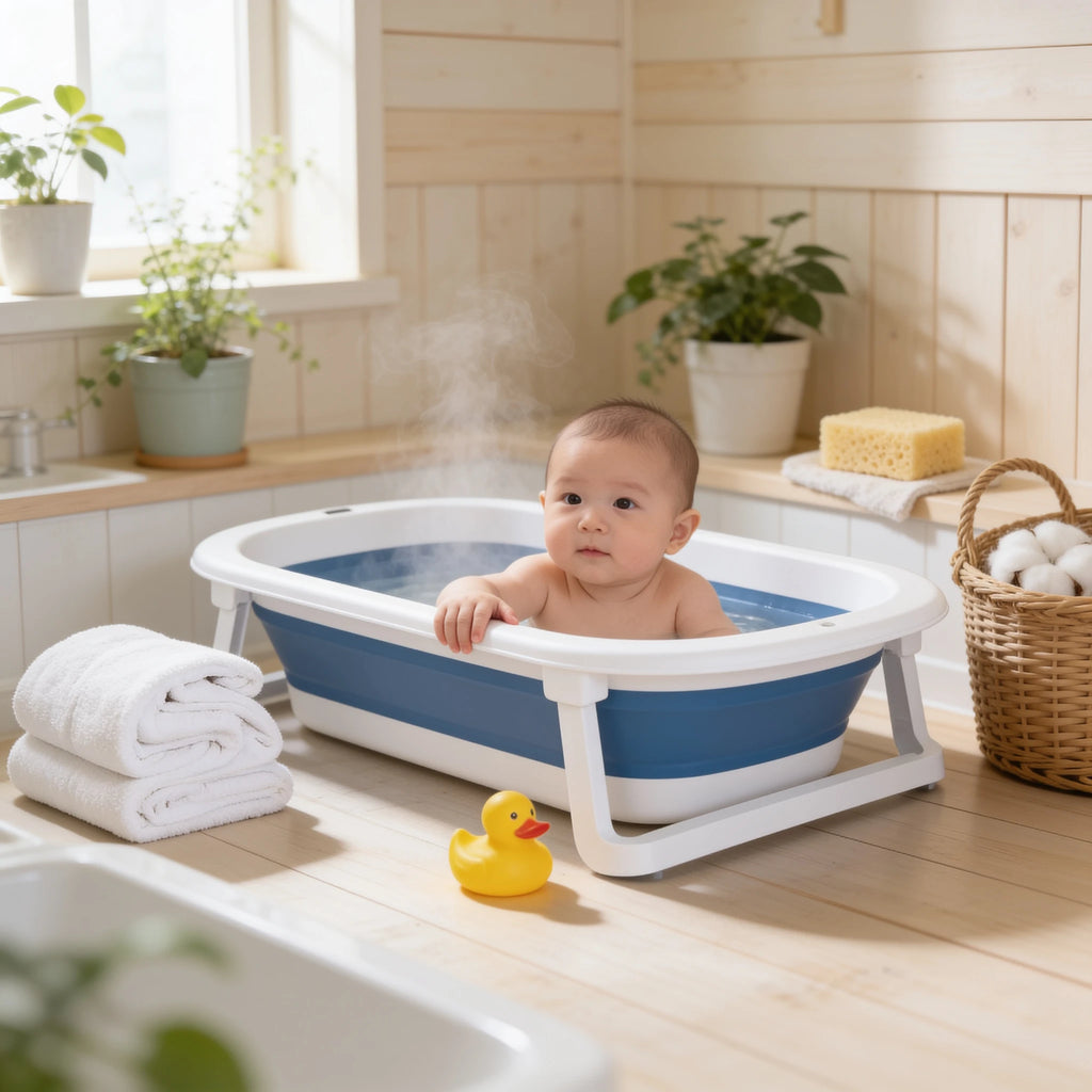 Baignoire bébé pliable rétractable Galet en situation dans la salle de bain, ambiance cosy