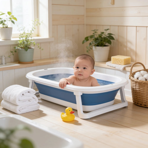 Baignoire bébé pliable rétractable Galet en situation dans la salle de bain, ambiance cosy