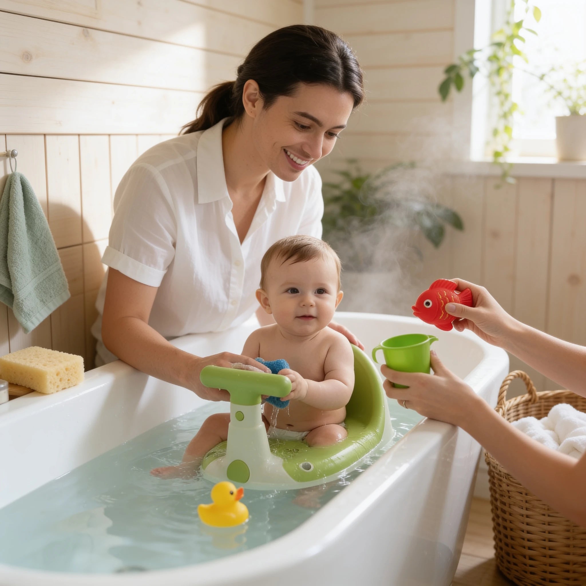 Transat de bain bébé enveloppant maintien total en situation dans la salle de bain, ambiance cosy