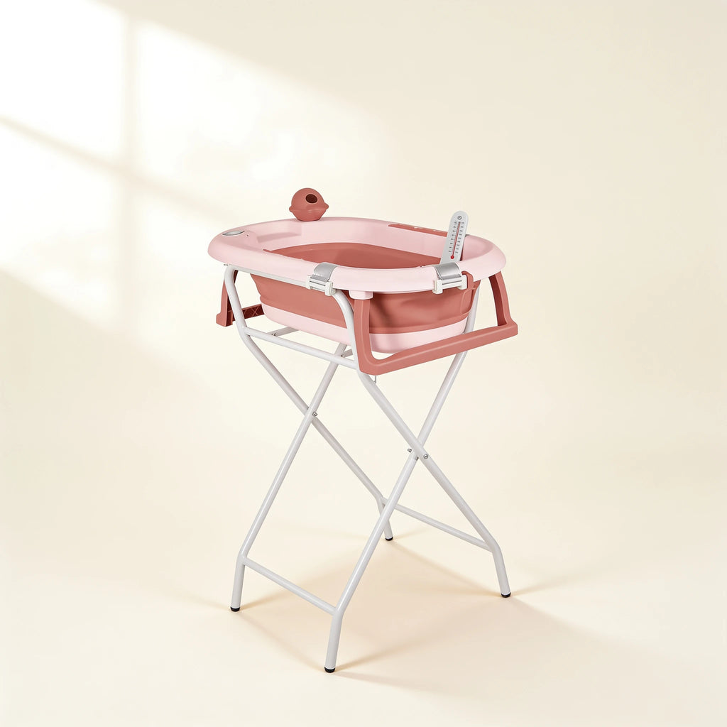 Baignoire bébé sur pied pliable avec thermomètre – coloris Rose