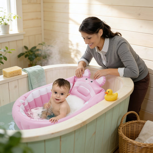 Baignoire bébé gonflable avec pompe Petit Nuage en situation dans la salle de bain, ambiance cosy