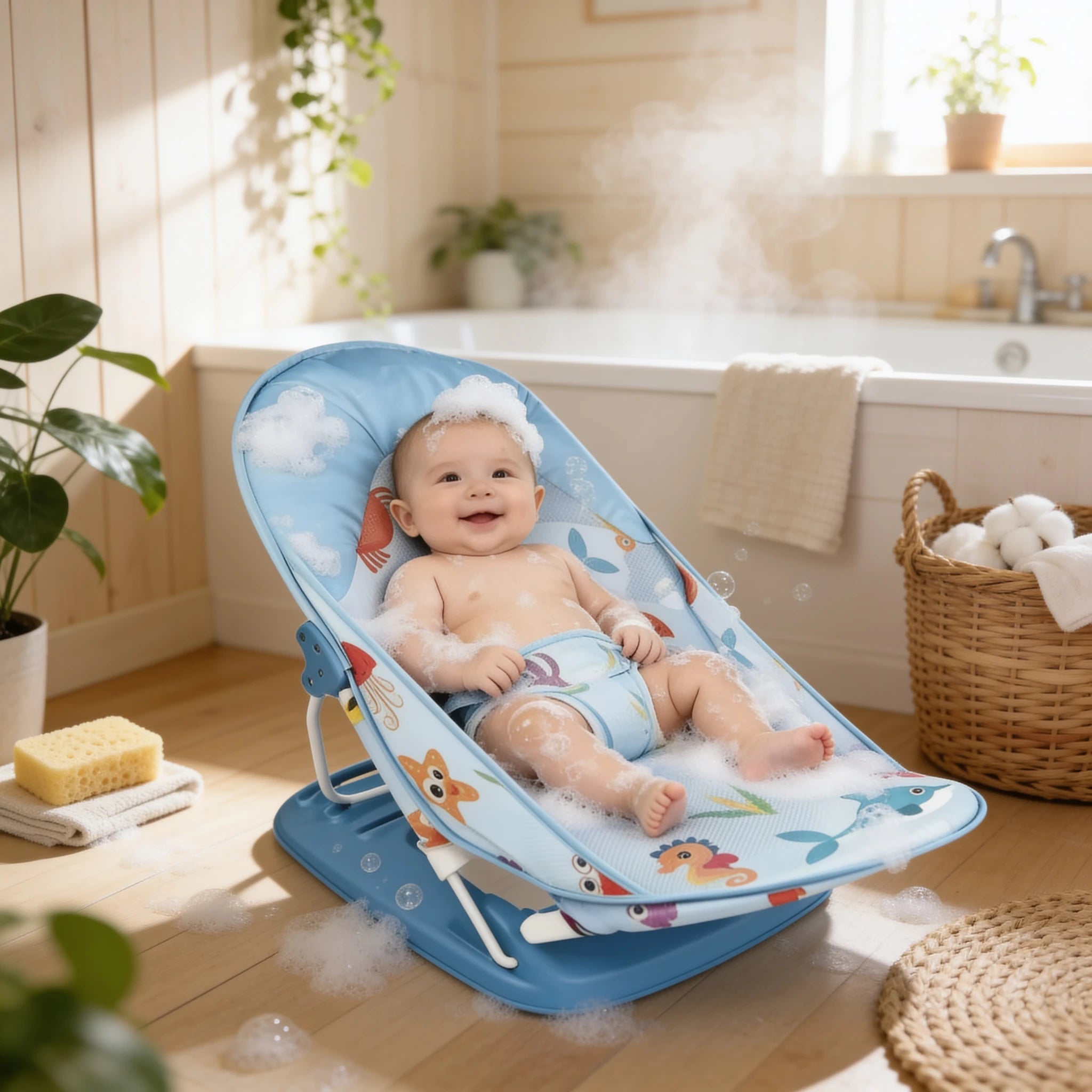 Transat de bain bébé poissons Nomade en situation dans la salle de bain, ambiance cosy