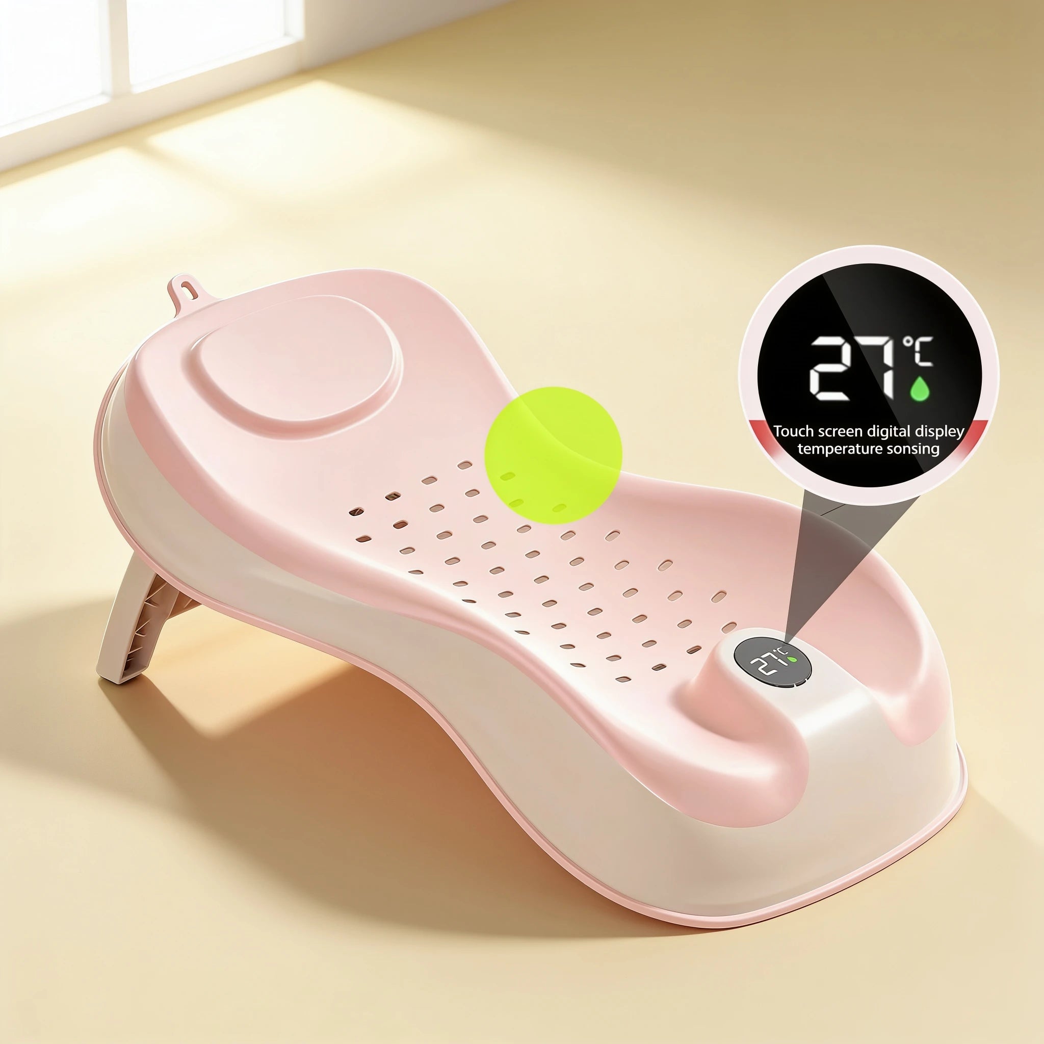 Transat de bain bébé compact avec thermomètre – coloris Rose