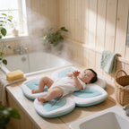 Coussin de baignoire bébé petit compagnon Doudou en situation dans la salle de bain, ambiance cosy