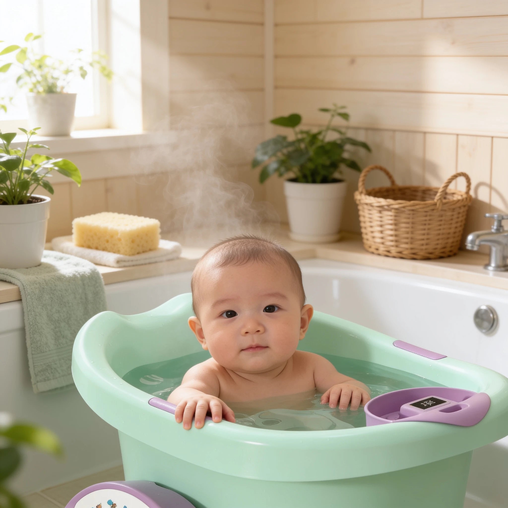 Baignoire bébé pliable luxe Petit Nid en situation dans la salle de bain, ambiance cosy
