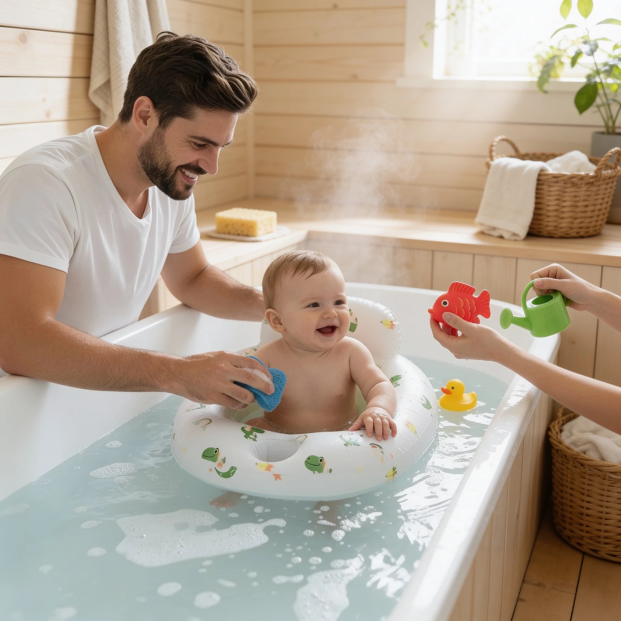 Transat de bain bébé gonflable protection 360° en situation dans la salle de bain, ambiance cosy